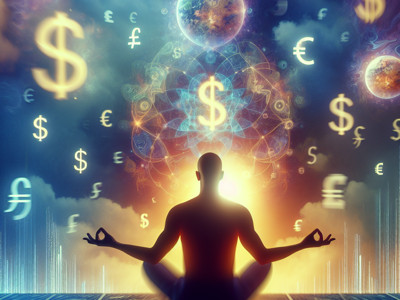 Meditating person in a financial-themed setting